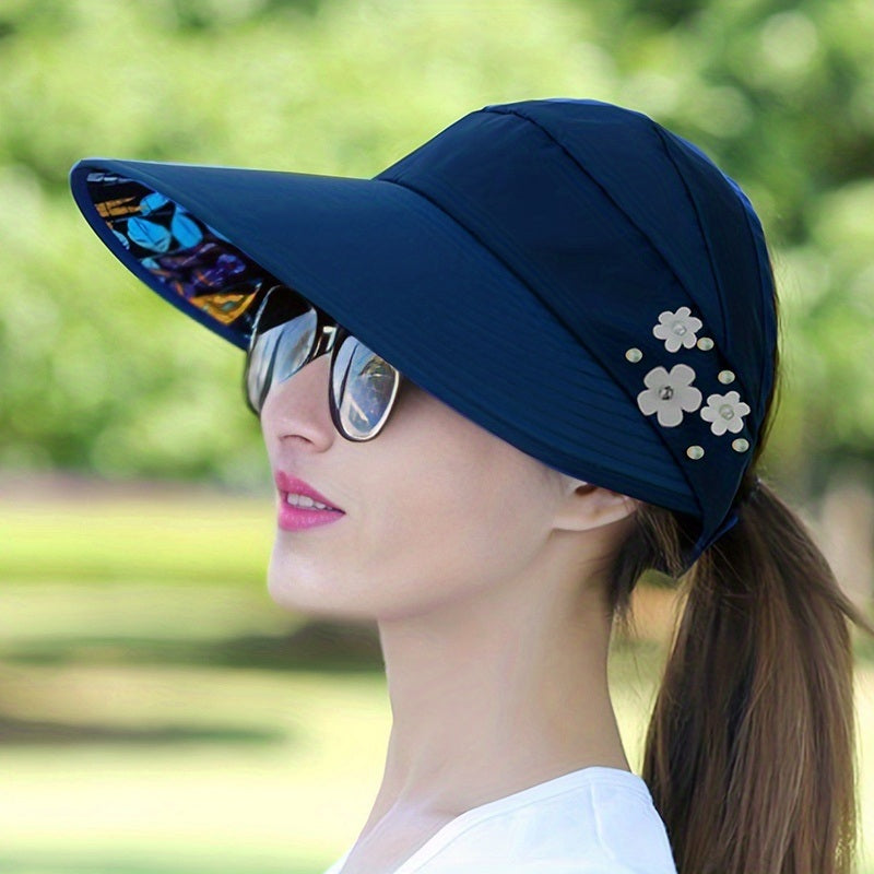 Wide Brim Sun Visor Foldable Picnic Hat Beach UV Protection Scallop Cap For Outdoor With Faux Pearl & Flower; Women's Hat & Caps Doba 5# Navy Blue